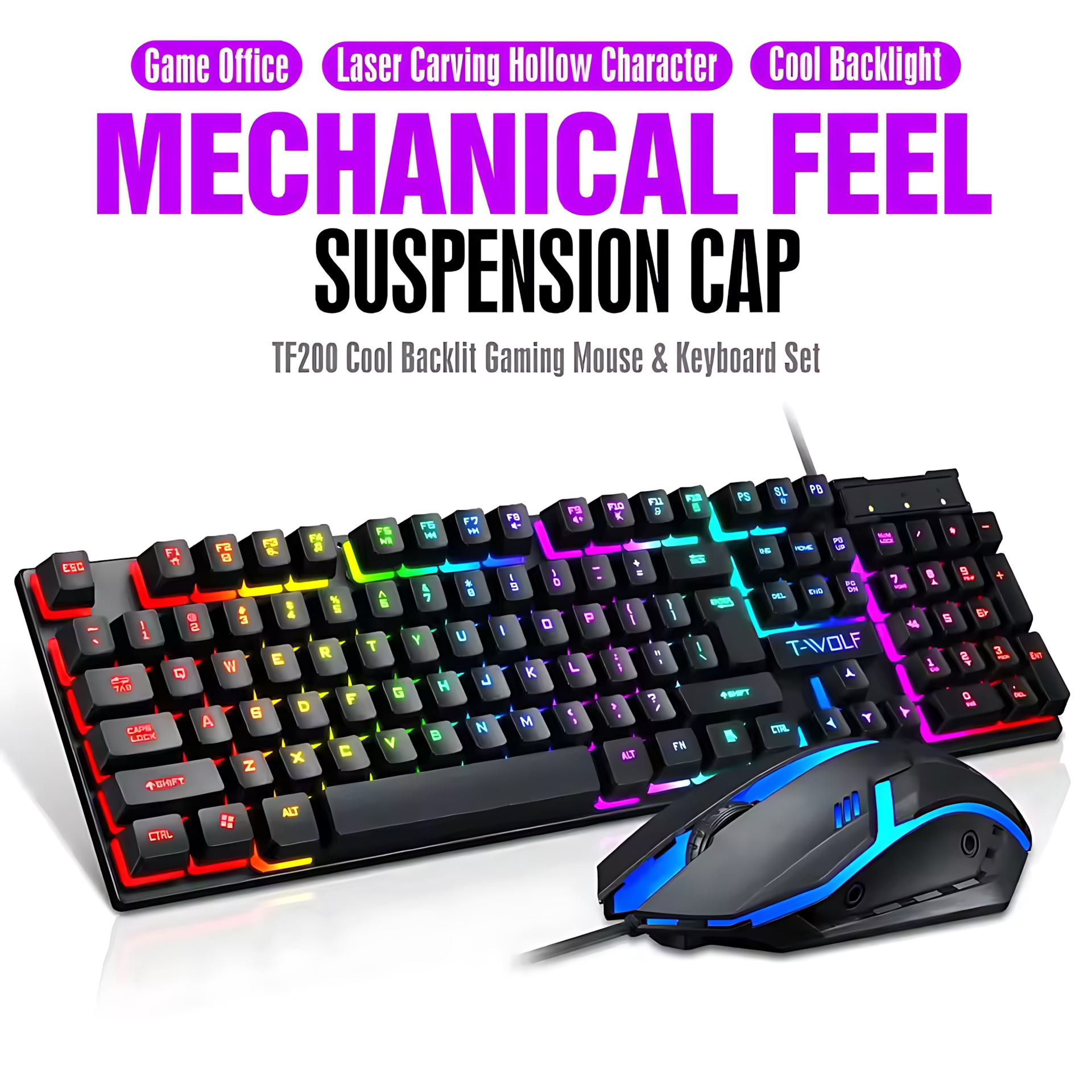 Gaming Keyboard Mouse Combo - Rainbow Backlit Wired Keyboard and Mouse,Floating